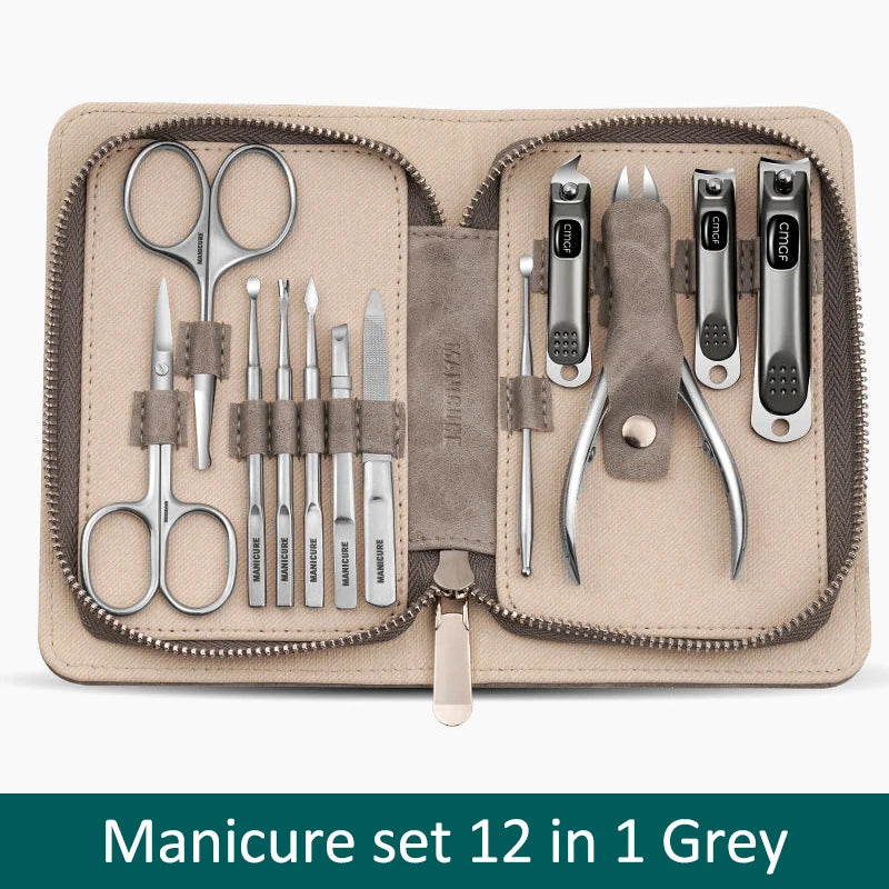 Manicure Set With Morandi Grey Top-Grade Full Grain Cow Leather Packaging Nail Clipper Kits Perfect Gift Friends Family