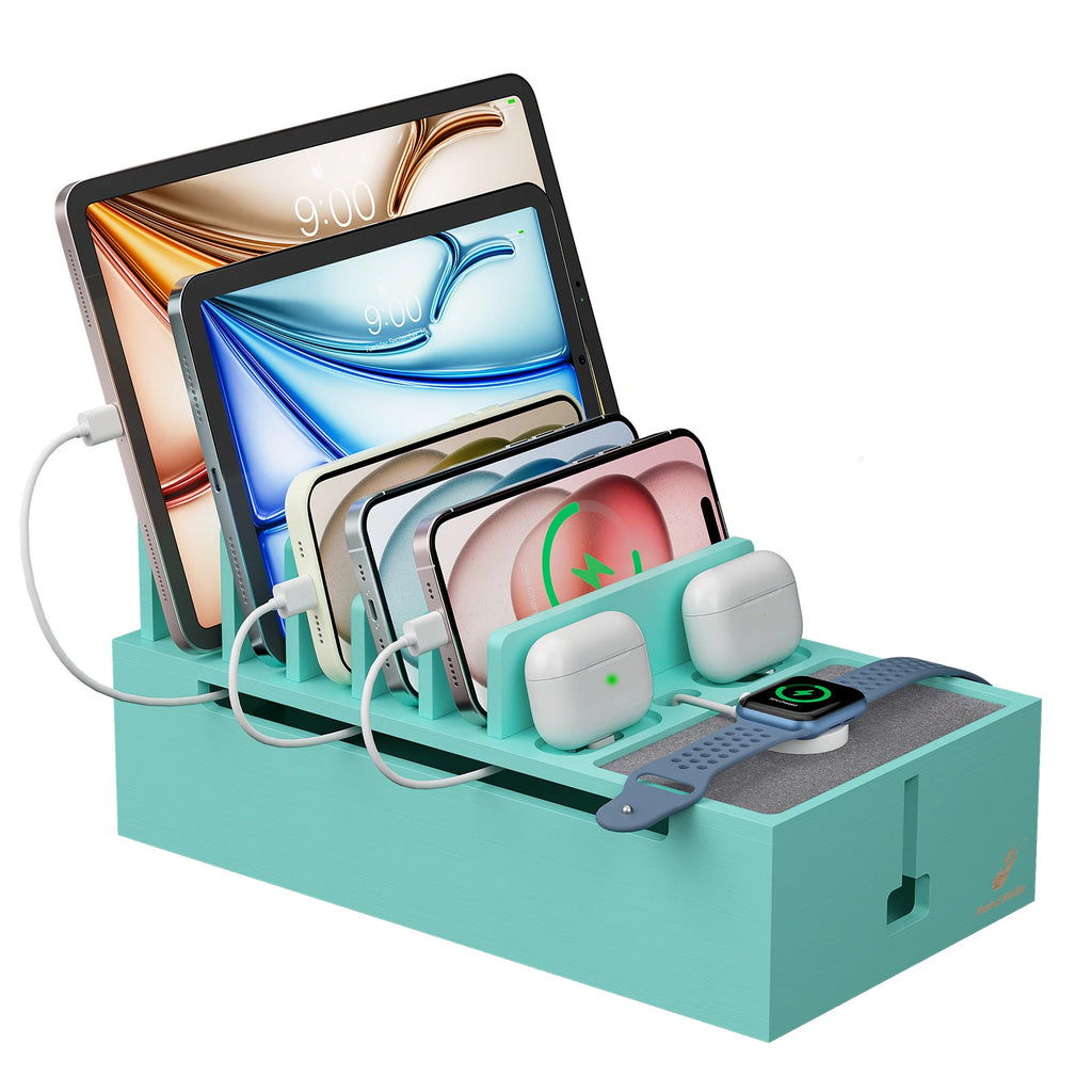 Bamboo Charging Station for Multiple Devices Charger Dock Holder Stand for Cell Phone and Tablet Electronic Devices Organizer