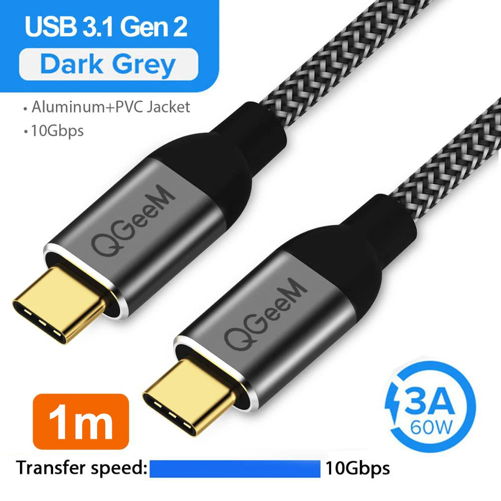 QGeeM USB 3.1 Type C to USB C Cable Gen2 PD 60W USB-C to USB C Charging Wire Cord Nylon Cord for Samsung Macbook Pro E-Mark Chip
