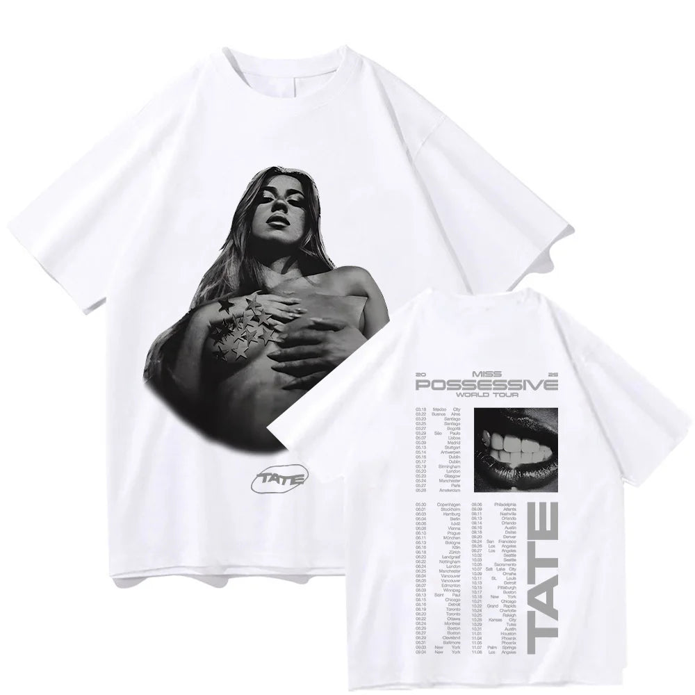 Tate McRae Pose Tour Tee Vintage Graphic T Shirts Miss Possessive 2025 Album Men Women Cotton T-shirt Harajuku Aesthetic Clothes