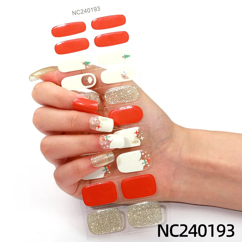 20/22tipsChristmas Semi Cured Nail Sticker UV Led Lamp Semi Cured Gel Design Nail Decals Waterproof Nail Stickers Nail Manicure