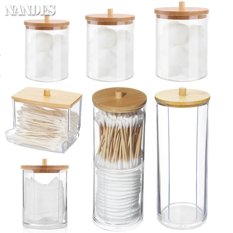 Acrylic Storage Box Bathroom Jar Makeup Organizer Cotton Round Pad Holder Cotton Holder Dispenser with Bamboo Lid Clear Plastic
