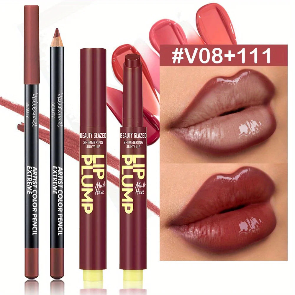 2 Pcs/Set Lip Combo Set Lipstick + Lip Liner Long Lasting Waterproof Easy To Apply Lipstick Set Glossy Lipstick Lip Makeup