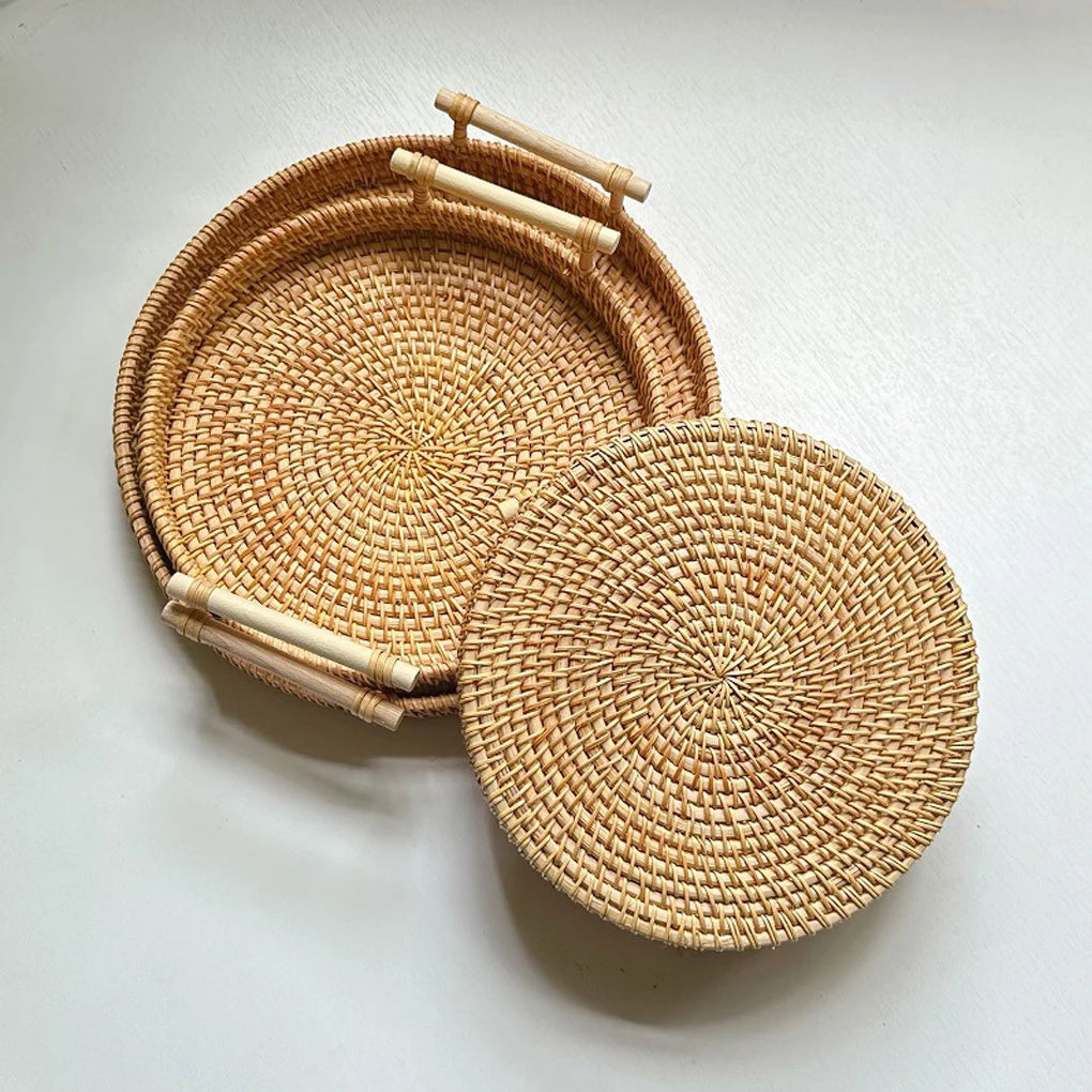 1PC Woven Rattan Storage Basket with Strap Handle round Tray for Bread Snacks Fruits Picnic - Home Organization Basket