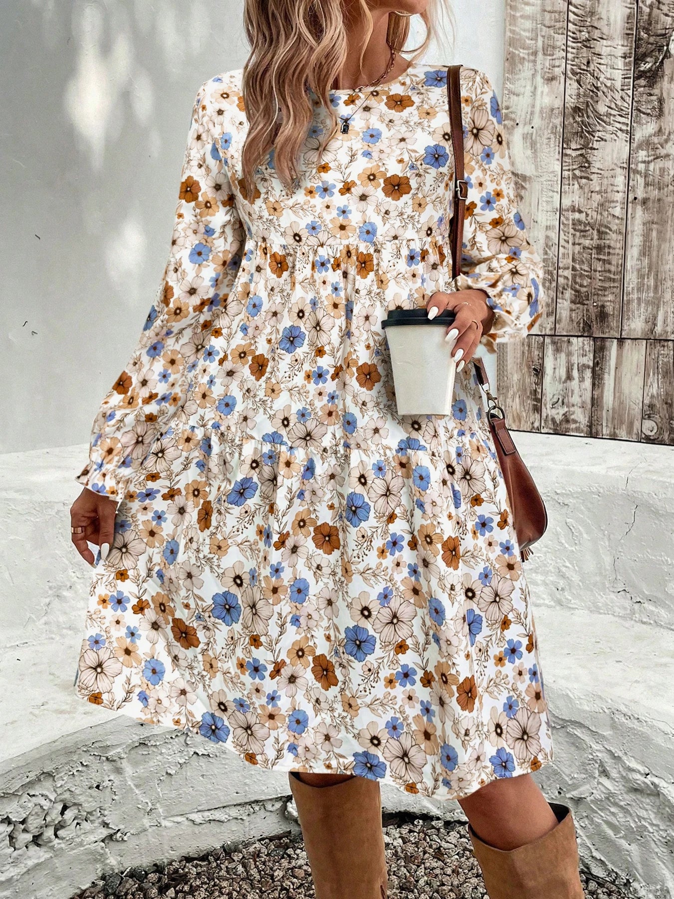 Women's Floral Print Tie Neck Flounce Sleeve Dress, Elegant Fashion Casual Dress for Daily Outdoor Wear, Women Dress for Spring