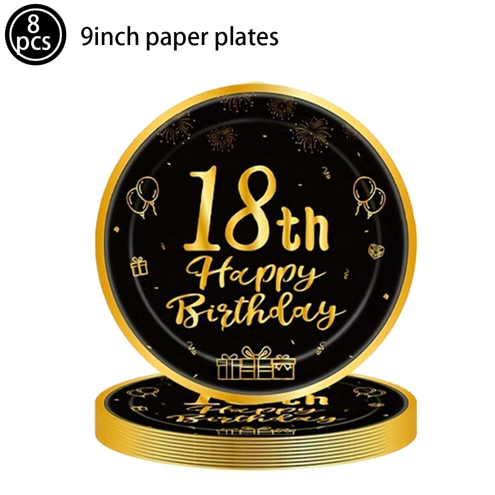18th Birthday Decors for Boys Girls Black Gold Party Banner Balloon Tablecloth Plate Cup Napkin 18 Years Birthday Party Supplies