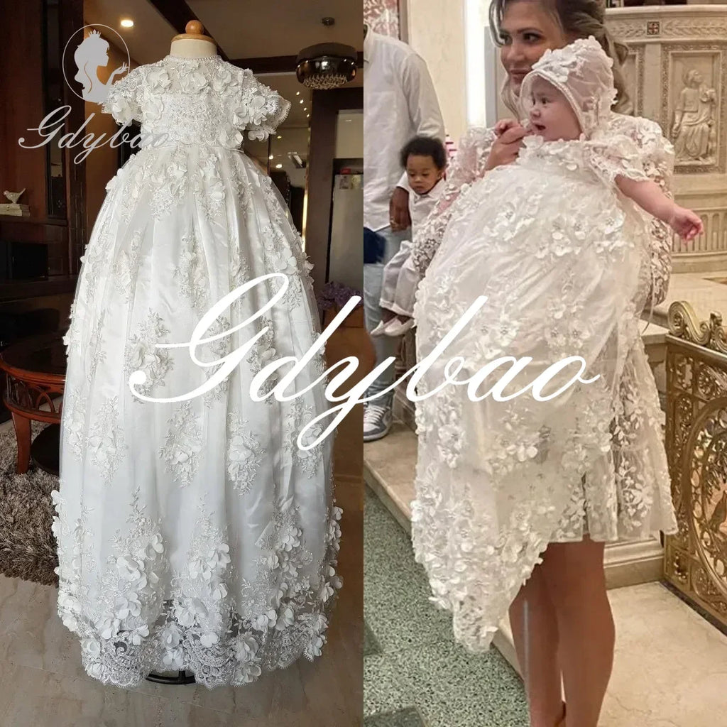 Luxury Baptism Dress Baby Girls Robe Lace Christening Gown With Bonnet Off White Ivory Custom Made New 2025 Customized