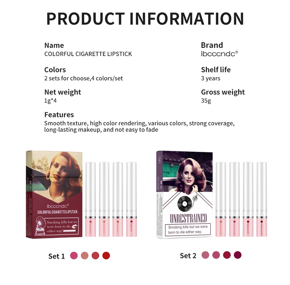 ibcccndc Cigarette Lipstick 4 Colors Popular Lipstick Matte Finish Moisturizing Waterproof Sweatproof Lipstick Makeup