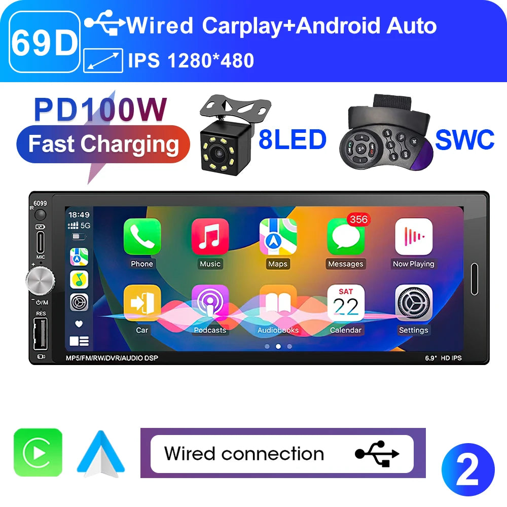 LEHX 6.9 Inch 1DIN Universal MP5 Car Radio Support Wireless Carplay Android AUTO AUX IPS Touch Screen Multimedia Video Player