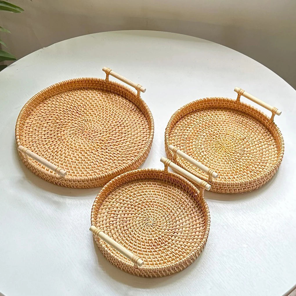 1PC Woven Rattan Storage Basket with Strap Handle round Tray for Bread Snacks Fruits Picnic - Home Organization Basket