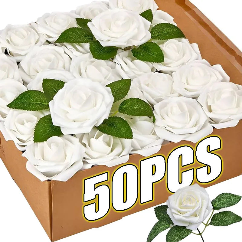 50/5Pcs Artificial Roses Flowers Foam Fake Rose Heads With Stems For DIY Wedding Bouquets Home Party Tables Decorations Supplies