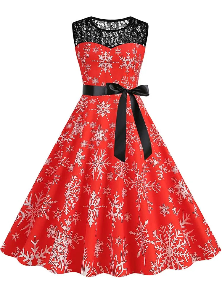 Christmas Dress Women Vintage 50s Lace Sleeveless Print Party A Line Santa Claus Sundress Runway Midi Pinup Flare Dresses