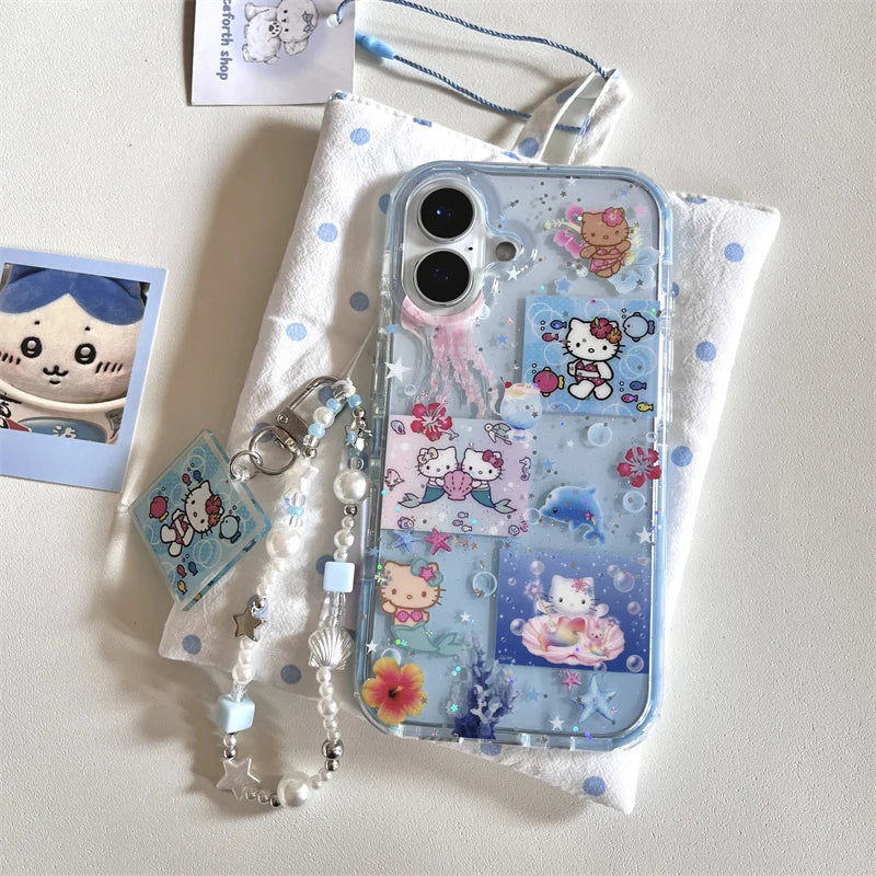 Korean Blue Ocean Hello Kitty Pattern Beach Phone Case For iPhone 11 12 13 14 15 16 Pro Max XS XR X 7 8 Plus Silicone Soft Cover