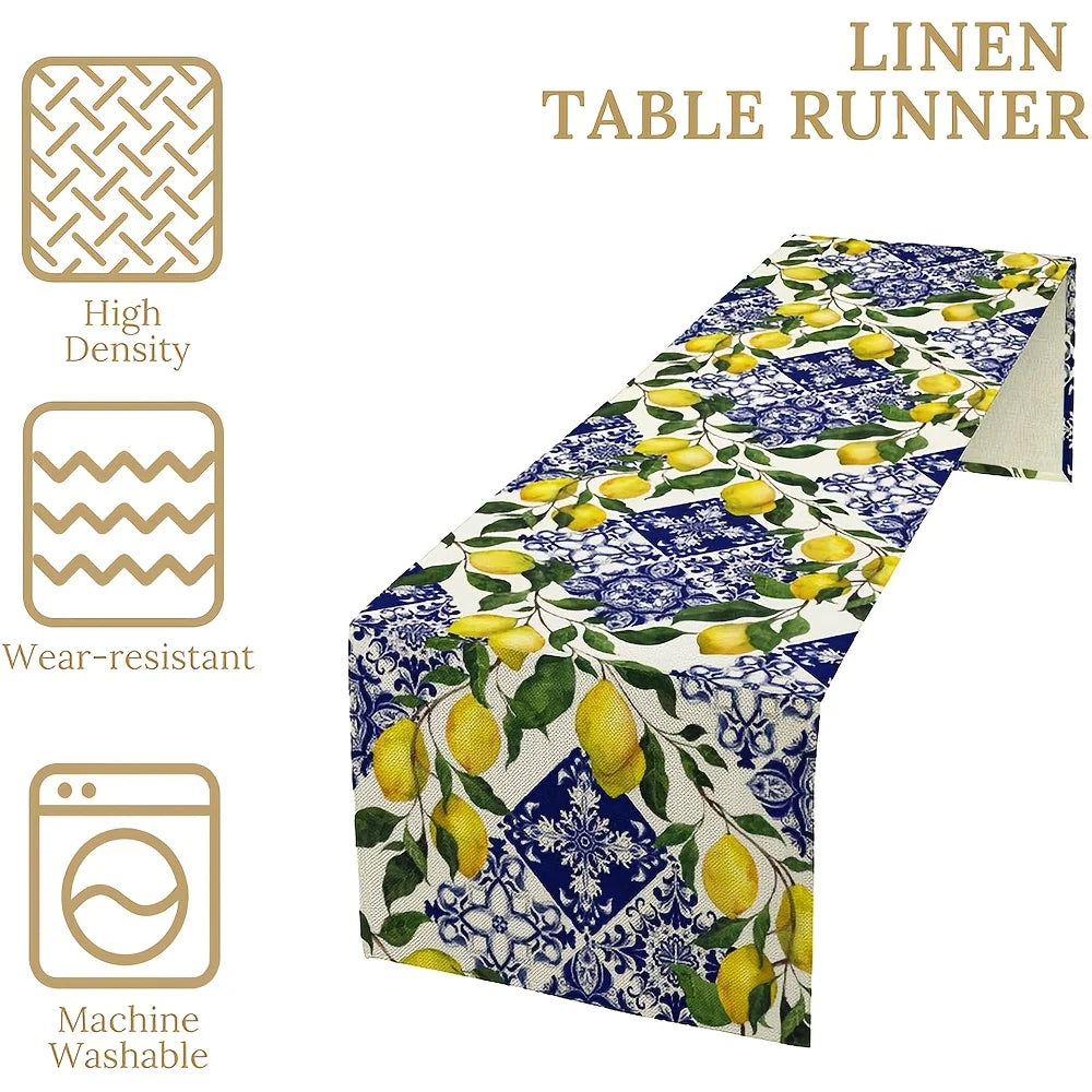 Blue Tile Lemon Linen Table Runner for Dresser Scarf Decor Reusable Summer Lemon Floral Leaves Table Runners Holiday Party Decor