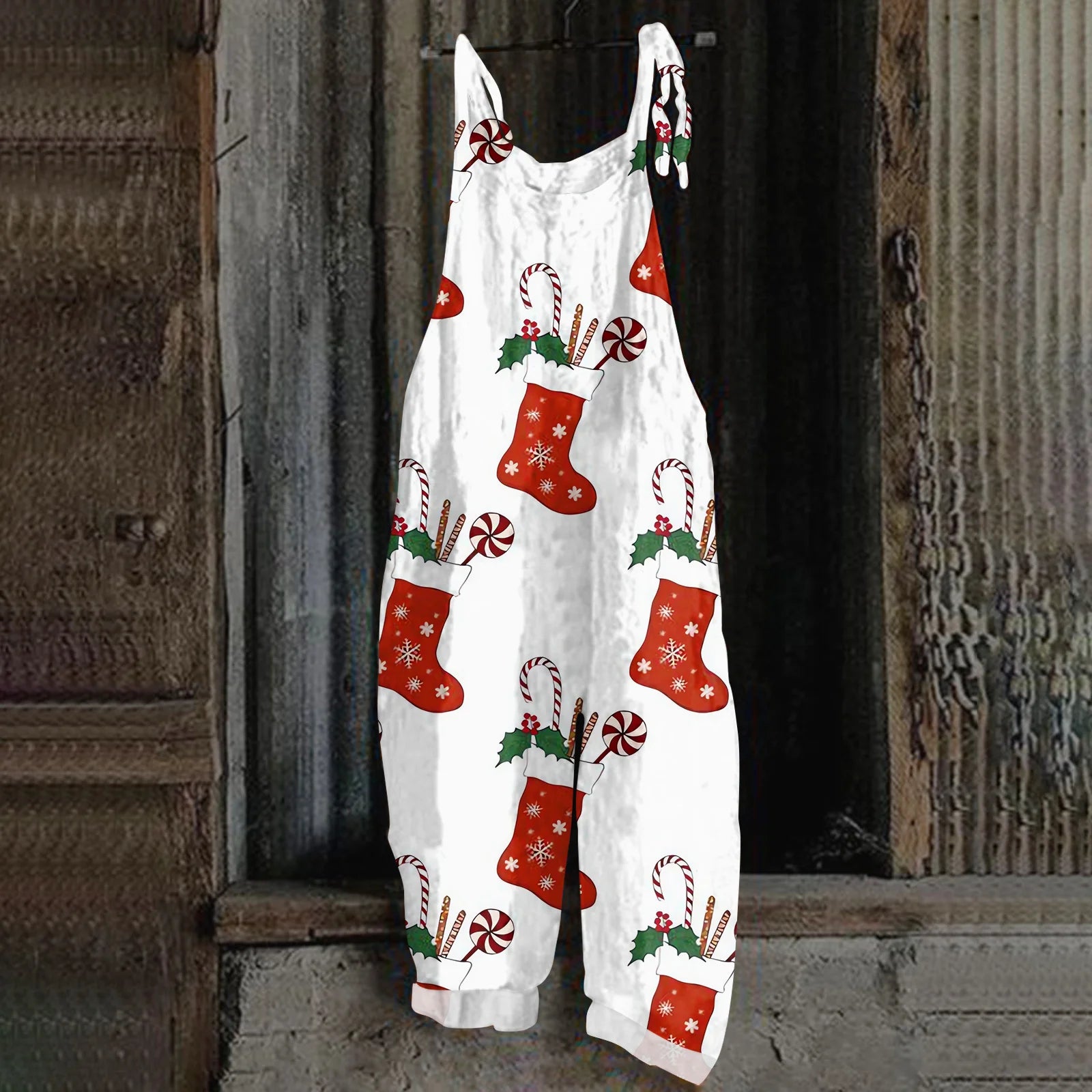 2025 Women's Fashion Christmas Printed Casual Loose Vintage Strappy Jumpsuit Retro Festival Pants New Year Themed Clothing