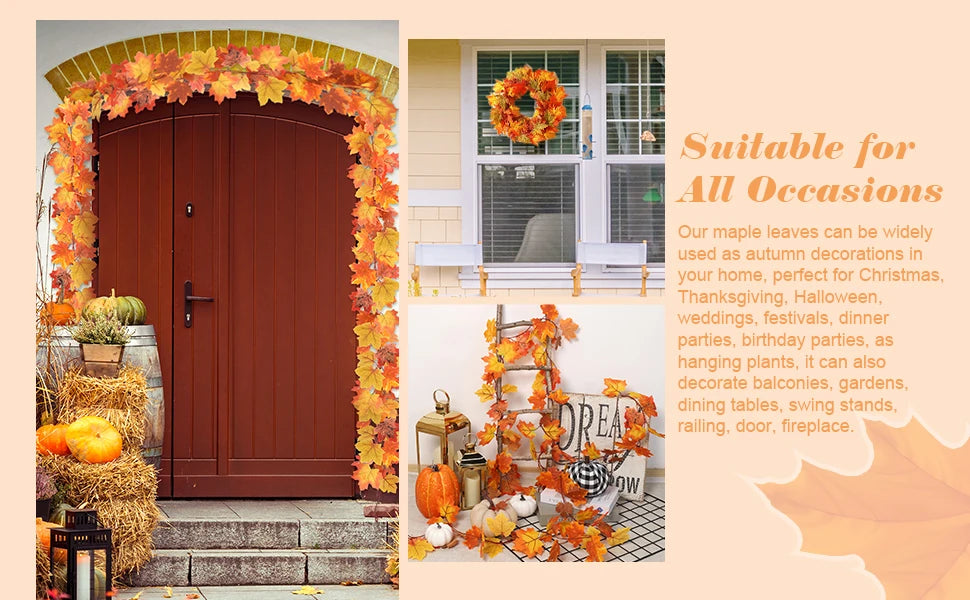 2M Artificial Maple Leaf Garland Autumn Leaves Fake Plant Vine for Fall Festival Wedding Halloween Thanksgiving Room Table Decor