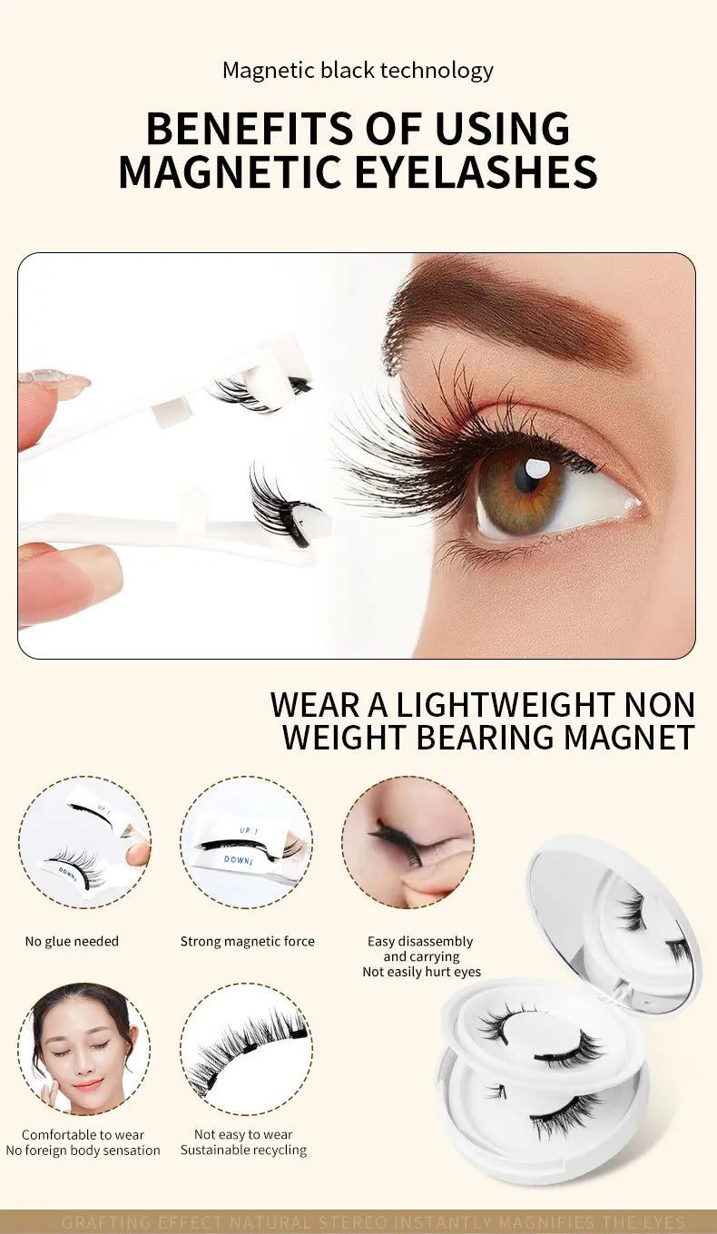 2pairs Magnetic False Eyelashes New Style Glue-Free Mink False Eyelashes Natural Nude Makeup With Mirror Reusable Beauty
