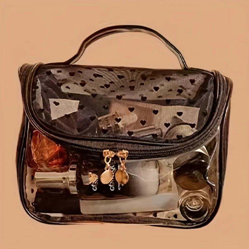 1pc Large Capacity Heart Mesh Makeup Bag Frosted Transparent Cosmetic Toiletry Organizer Travel Pouch for Office Home or Daily