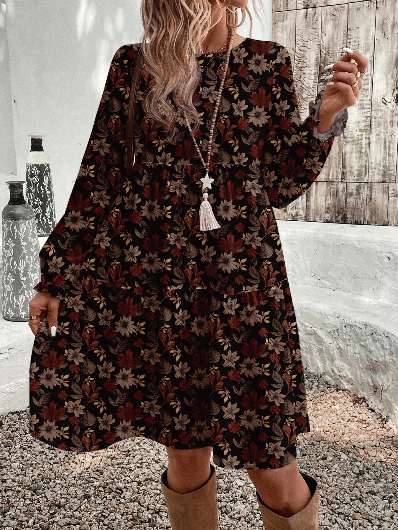 Women's Floral Print Tie Neck Flounce Sleeve Dress, Elegant Fashion Casual Dress for Daily Outdoor Wear, Women Dress for Spring