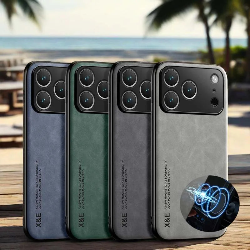 Leather Case For iPhone 17 Pro Max 16 15 14 13 12 11 Pro Max 16e Cover With Metal Plate Support Car Hold Cover Capa Fundas