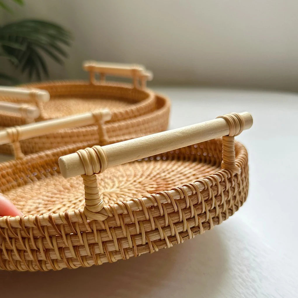 1PC Woven Rattan Storage Basket with Strap Handle round Tray for Bread Snacks Fruits Picnic - Home Organization Basket