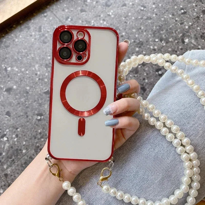 【Pearl Plating】Adjustable Crossbody Lanyard Case for iPhone 16/15 Pro Max/14/13/12/11 ProMax PlusShockproof Magnetic Phone Cover