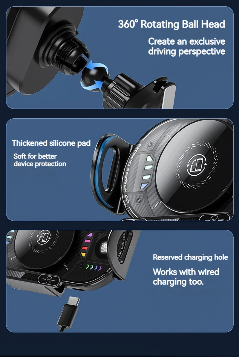 15W Universal Car Phone Wireless Charger Holder 90° Rotation Mount for Samsung Galaxy Fold 6 5 4 3 Z Flip S25 S24 Iphone 17 16