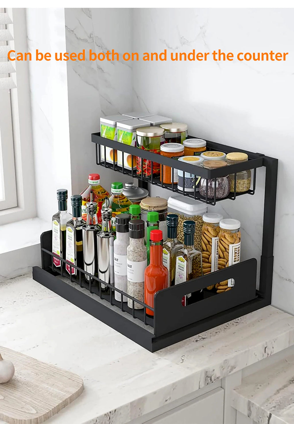 Carbon Steel Kitchen Shelf Double Space Saving Shelves Pull-out Design Countertop/Under Cabinet Dual Use