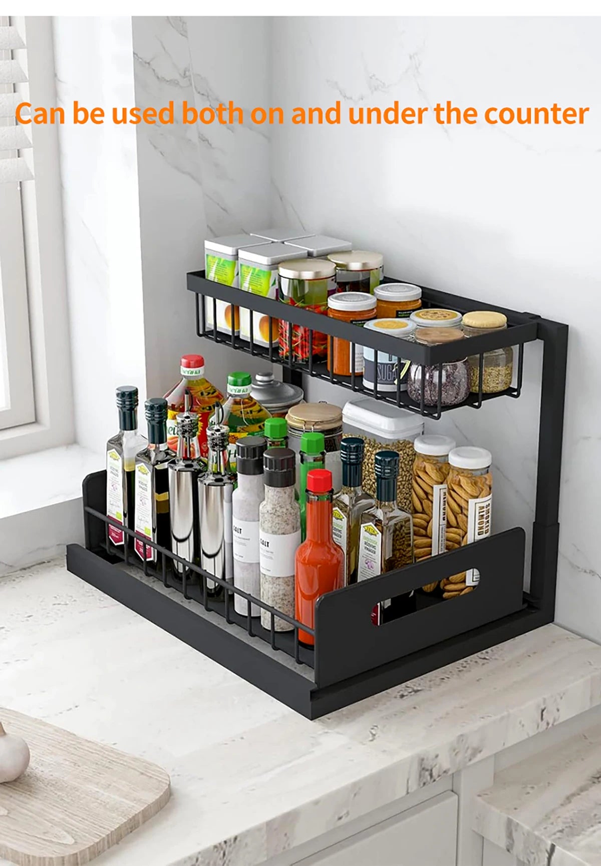 Carbon Steel Kitchen Shelf Double Space Saving Shelves Pull-out Design Countertop/Under Cabinet Dual Use