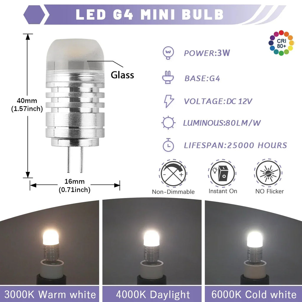 10PCS G4 12V COB LED 3W Bead Replacement Halogen 20W Bulb 3000K 4000K 6000K Light Crystal Pendant Light Replacement Light Source