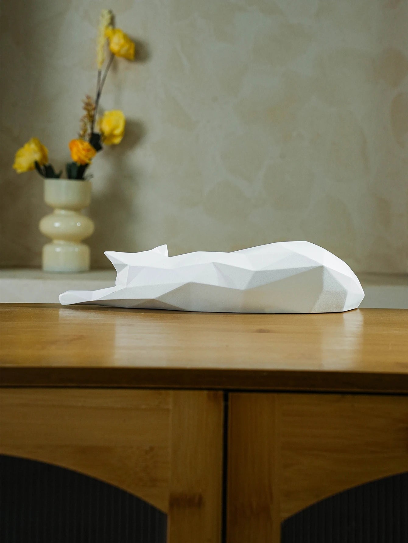 Black White Cat Statue - Geometric Modern Room Decor Figurine Sculpture for Home Office as Table Shelf Desk Decor  Lying Cat