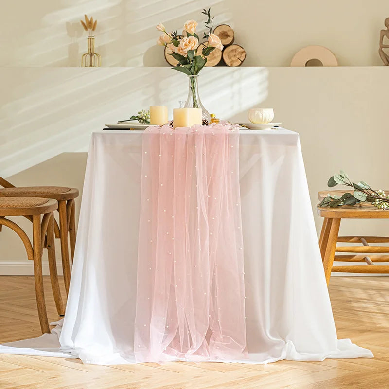 Pink Gauze Table Runner Romantic Pearl Mesh Tablecloth Wedding Dinning Table Cover Decoration Birthday Baby Shower Party Decor