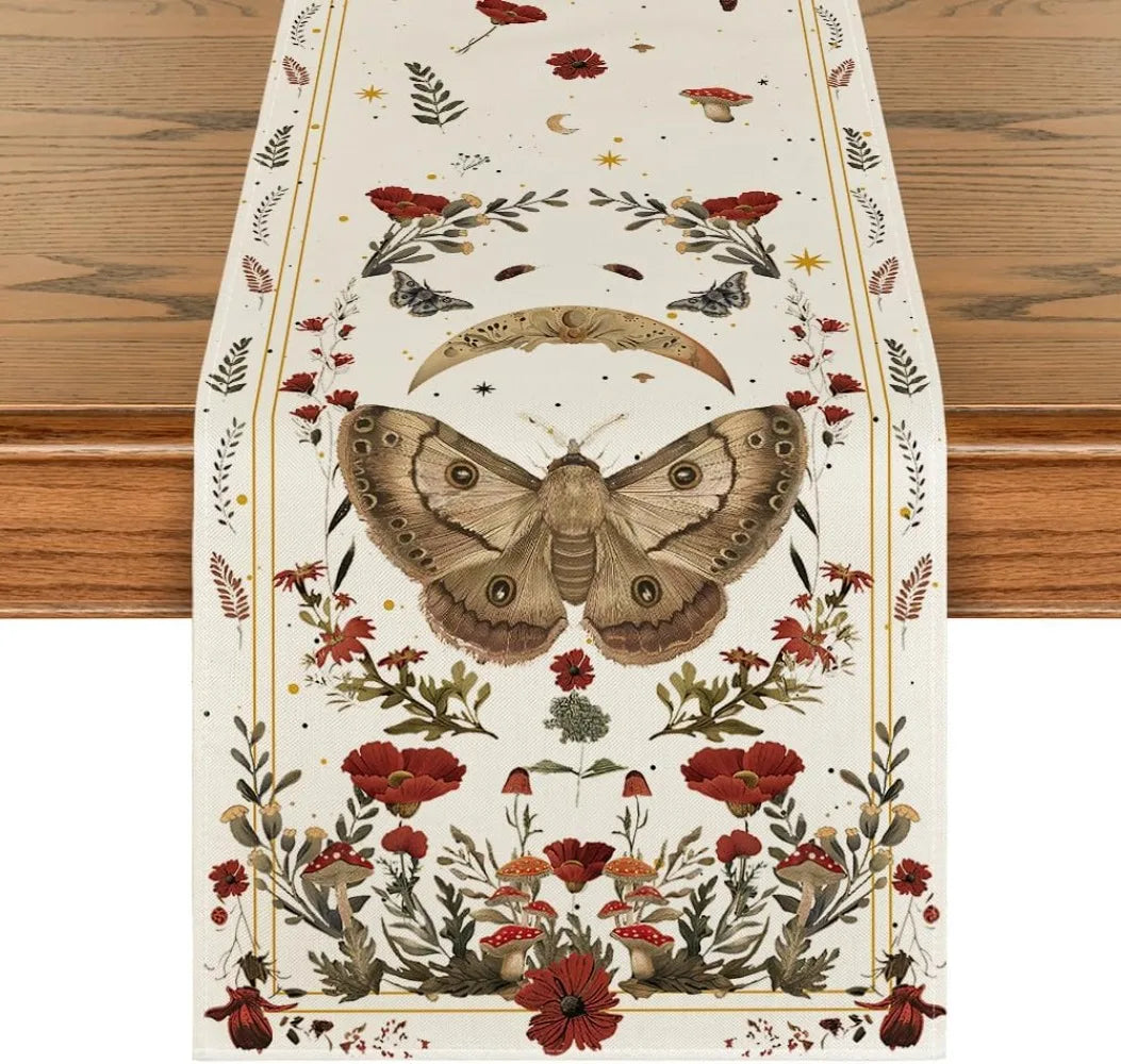 Artoid Mode Poppy Moth Mushroom Moon Fall Table Runner, Seasonal Autumn Kitchen Dining Table Decoration for Home Party Decor