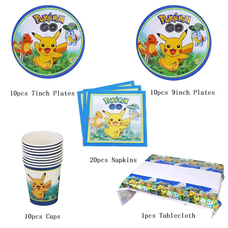 Pokemon Theme Birthday Party Decoration Supplies Cartoon Pokemon Go Tableware Cups Plates Pikachu Balloon For Baby Shower Favors