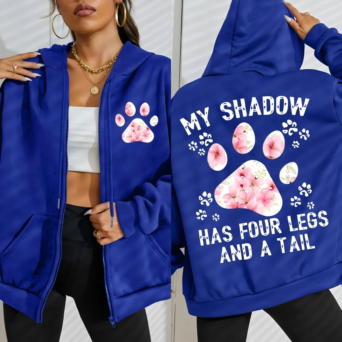 Flower Cat Feet My Shadow Has Four Legs And A Tail Print Zipper Hoody Woman Y2K Autumn Hoodies Loose Fleece Casual Sportswears