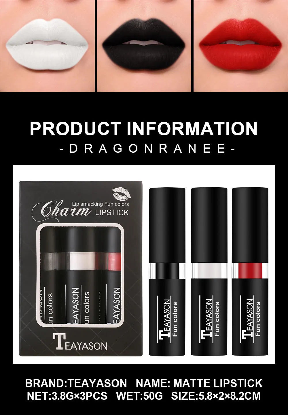 Matte Lipstick Velvet Finish Waterproof Long Lasting Non Transfer Dark Shades Black White Red Holiday Makeup