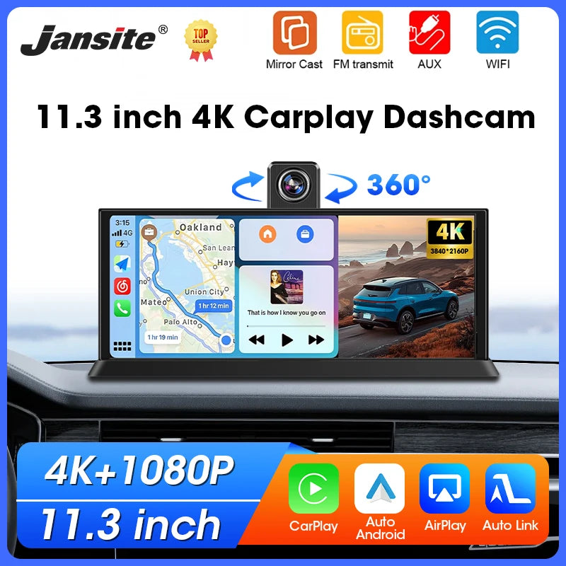 11.3 inch Dashcam 4K 360° Rotating Camera Wireless Carplay Android Auto Dash Cam Video Recorder Dashboard Car DVR FM AUX