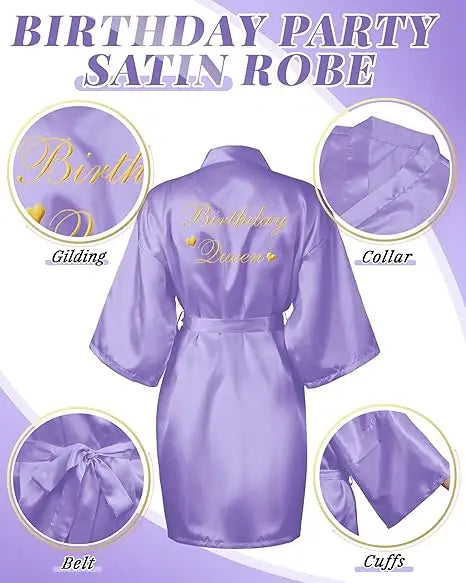 12 Pcs Women's Birthday Party Robes Gold Glitter Queen Squad Kimono Silky Nightgown Satin Bathrobes Dressing Gown