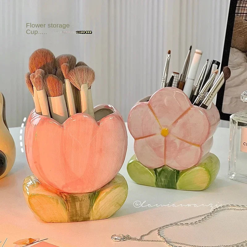 Flower Pen Holder Ceramic Desktop Decoration Desk Office Storage Box Stationery Shelf Storage Tank Living Room Decoration