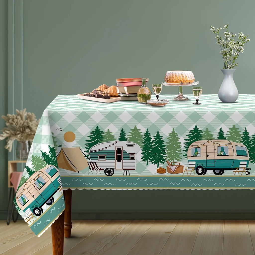 Green Checkered Trees Rectangle Tablecloth Holiday Home Party Decor Washable RV Campfire Table Cloths Outdoor Picnic Table Decor