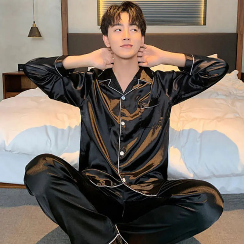 Summer Lapel Long-Sleeved Cardigan Pajamas Men Korean Version of the Solid Colour Light Mature Youth Casual Men's Silk Home Clot