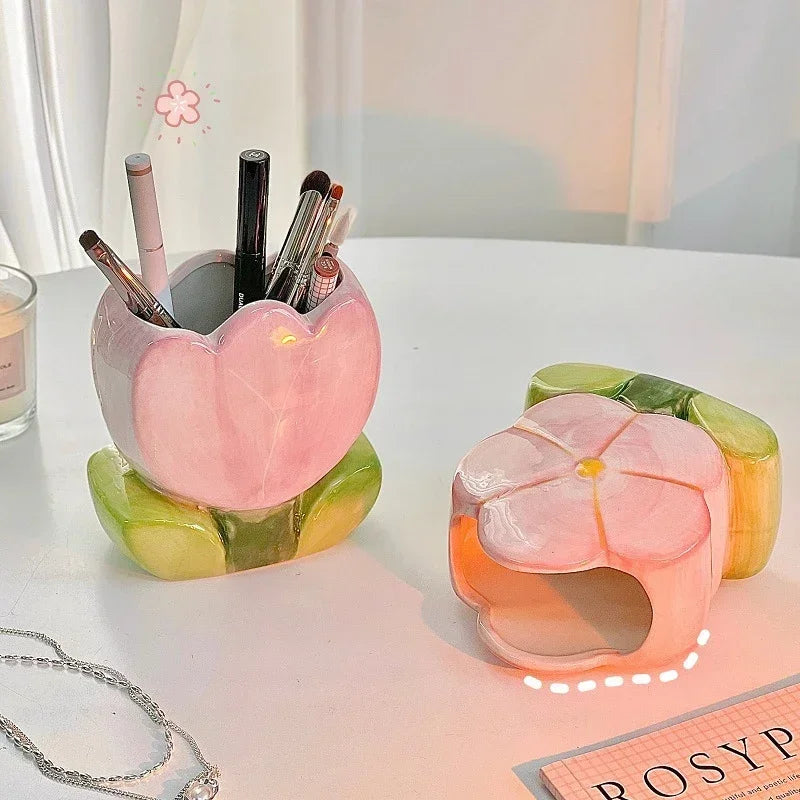 Flower Pen Holder Ceramic Desktop Decoration Desk Office Storage Box Stationery Shelf Storage Tank Living Room Decoration