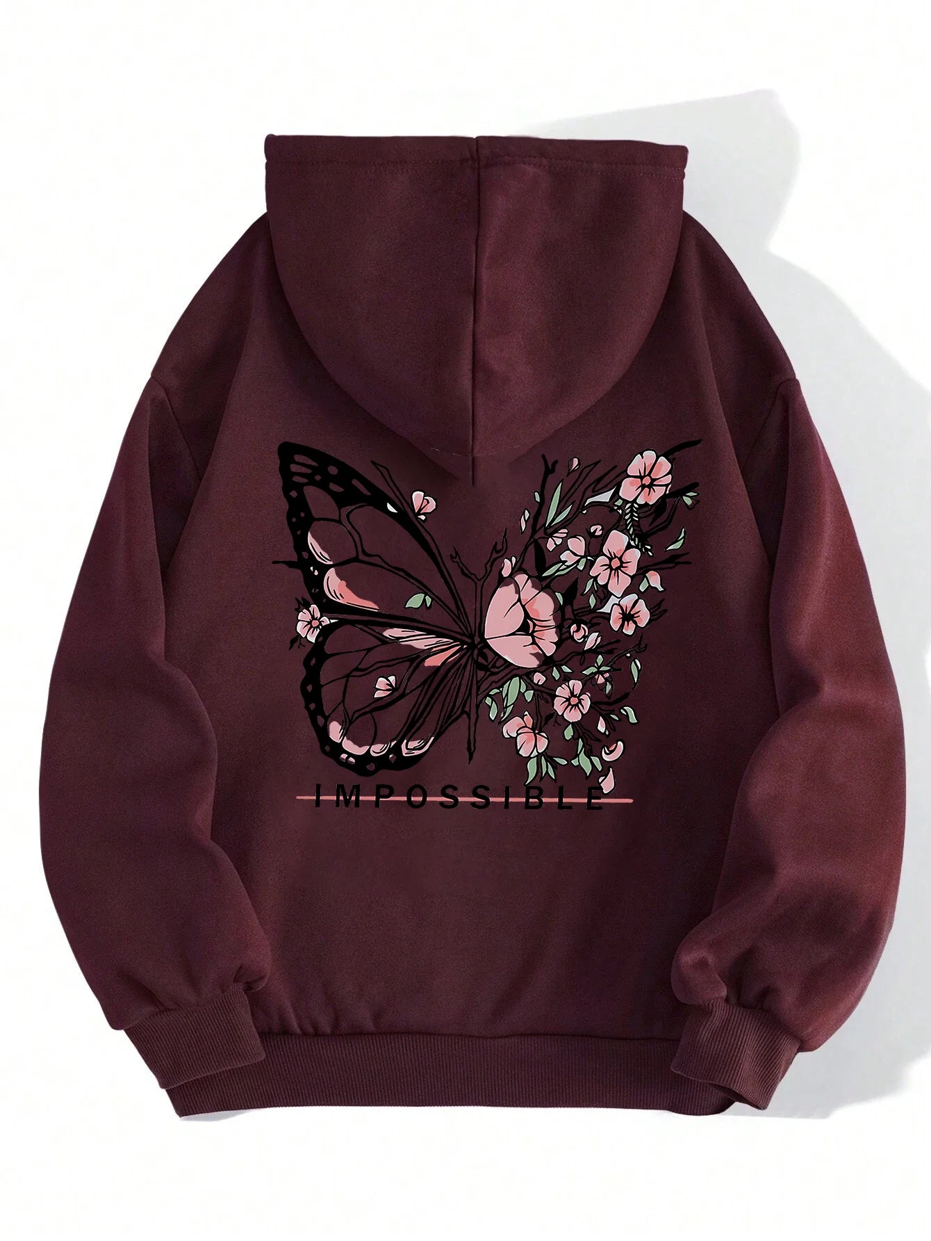 Rose Butterfly Impossible Letter Graphic Print Women Sweatshirt Fashion Warm Hooded Loose Casual Hoodies Fleece Soft Clothing