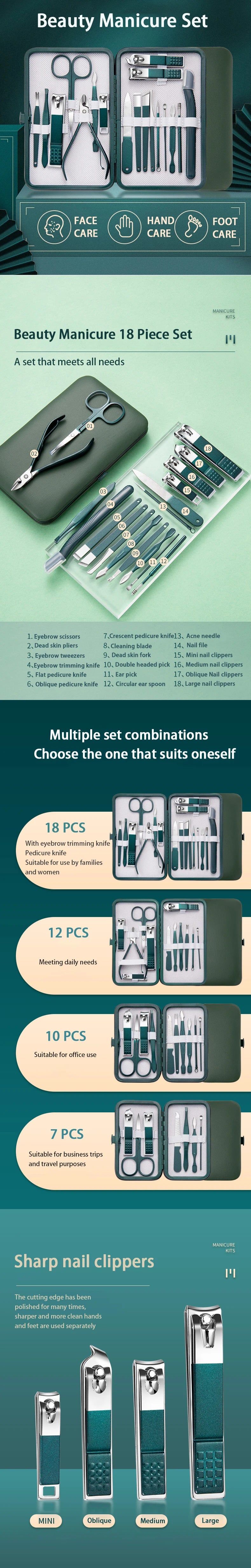 7-18 Pcs Manicure Set Nail Clippers Kit Professional Stainless Steel Nail Care Tools with Leather Travel Case For Man and Women