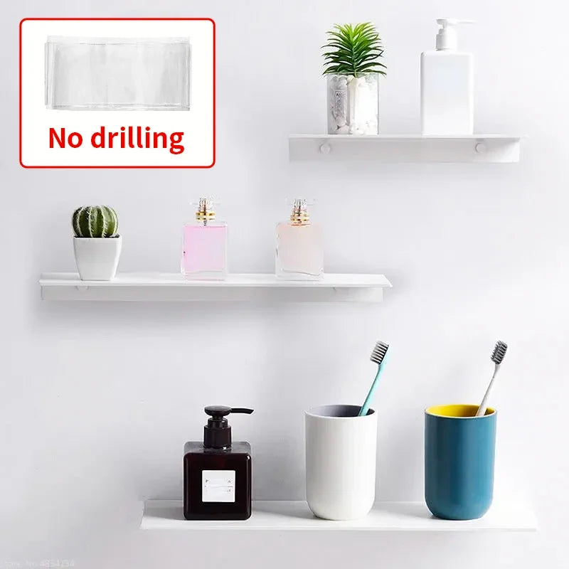 Small Shelf Without Drilling Shampoo Holder Bathroom Wall Floating White Shelves Stick Bath Organizer for Kitchen Accessories