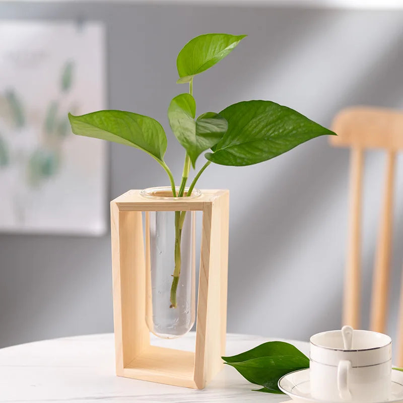 Nordic Wooden Test Tube Glass Vase Hydroponic Flower Arrangement Decorative Vase Ornaments Dry Flower Container for Home Office