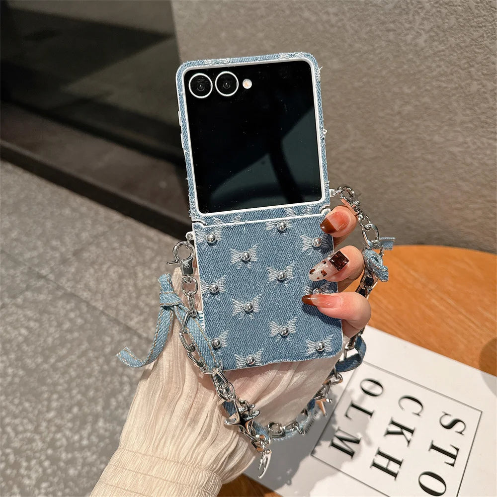 Fashion Denim embroidered bow phone case for Samsung Z Flip 7 Case Galaxy Z Flip 5 6 flip 6 cover hand strap cute Fundas Cases