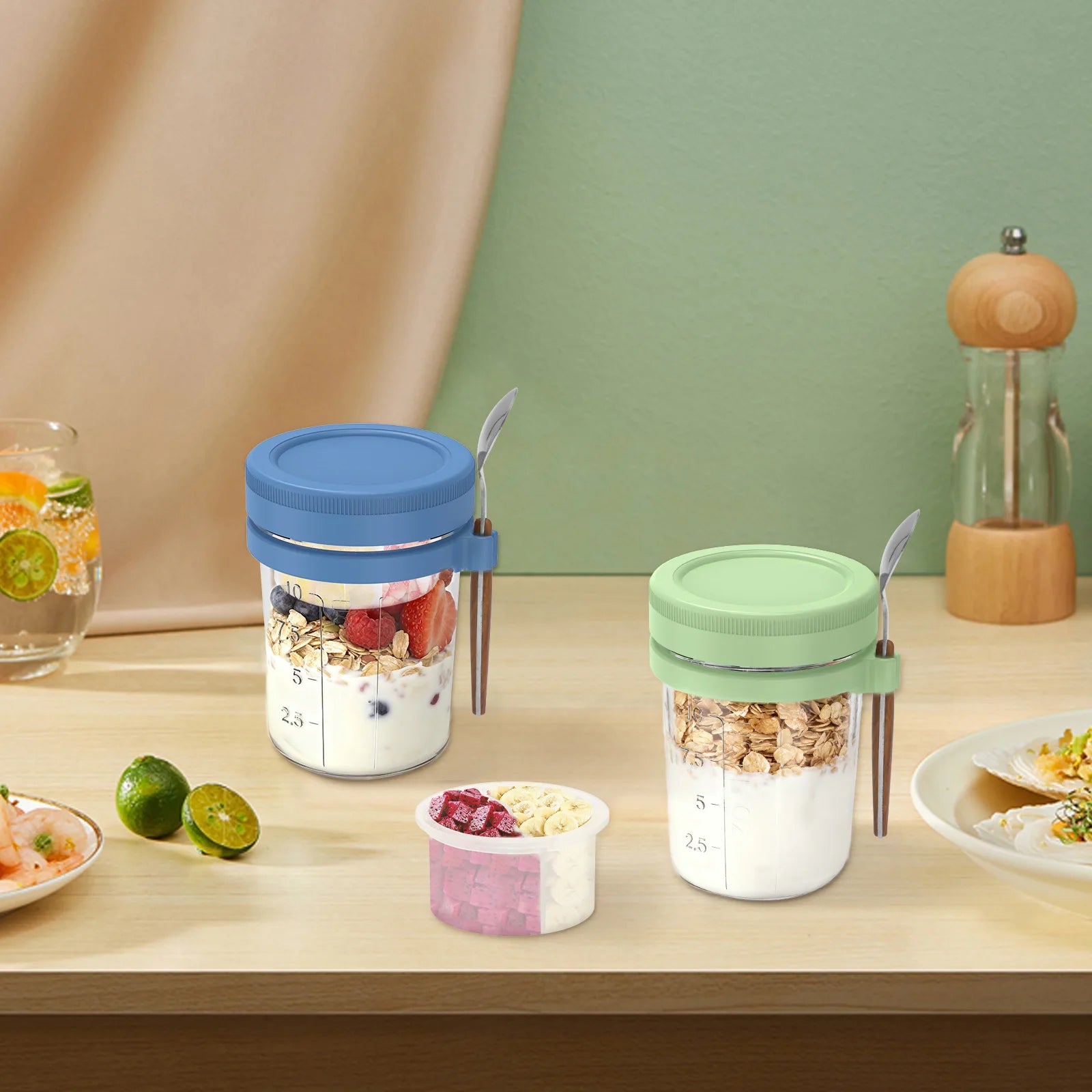 4Pcs Overnight Oats Container Clear Airtight Glass Jar with Lid and Spoon Portable Cereal Breakfast Cups Food Storage Box