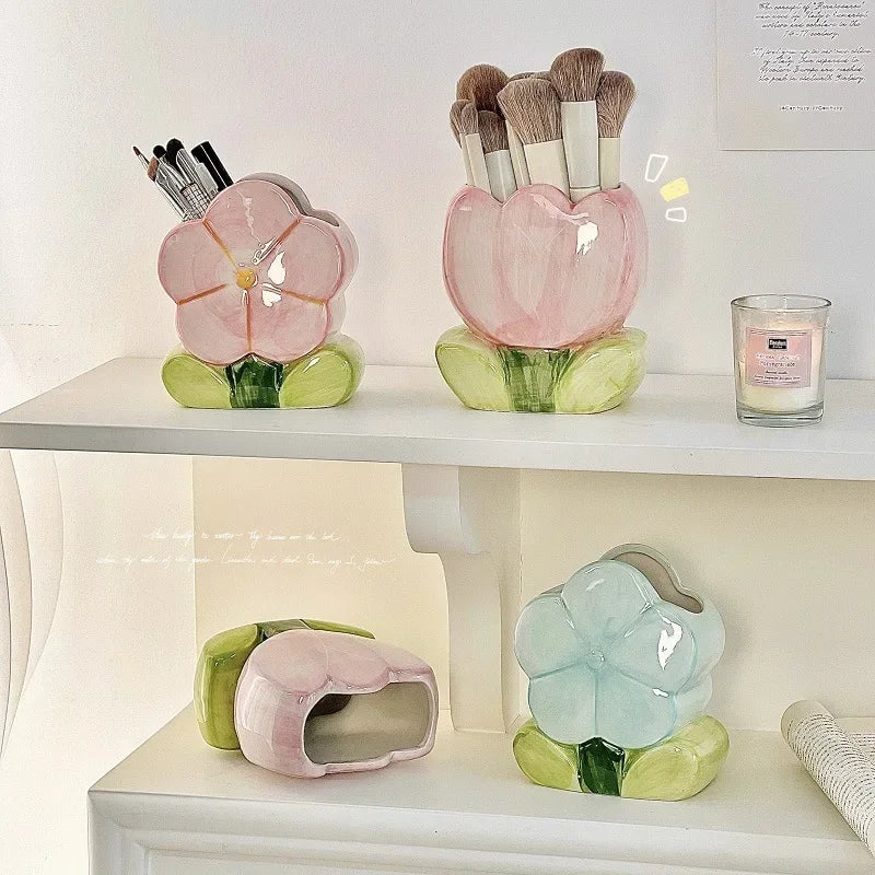 Flower Pen Holder Ceramic Desktop Decoration Desk Office Storage Box Stationery Shelf Storage Tank Living Room Decoration