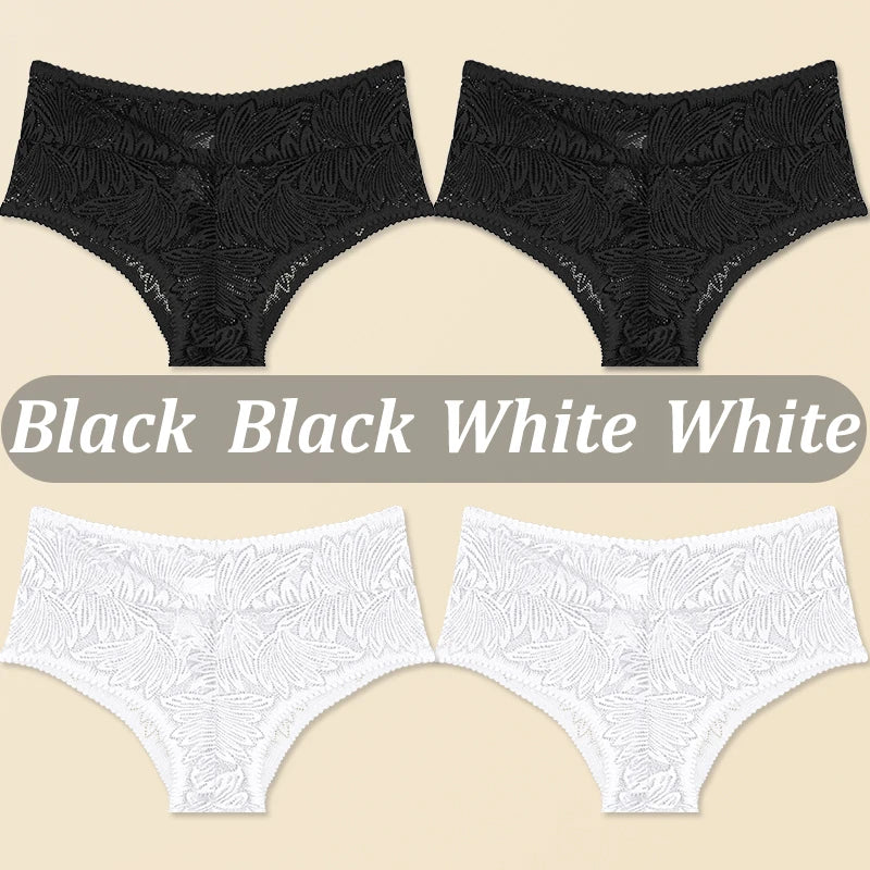 4PCS/Set Women Floral Lace Thongs Sexy Perspective G-String Mid Waist T-back Female Breathable Intimates Brazilian Underwears